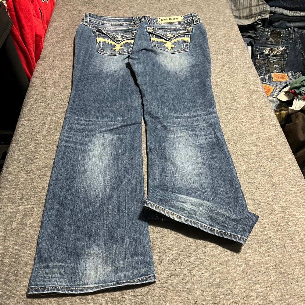 Rock Revival Leah Easy Boot Jeans Medium Wash Embroidered Flap Pocket Size 32